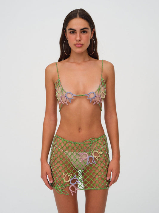 For Love and Lemons - Tulip Grid Rhinestone Skirt - Green