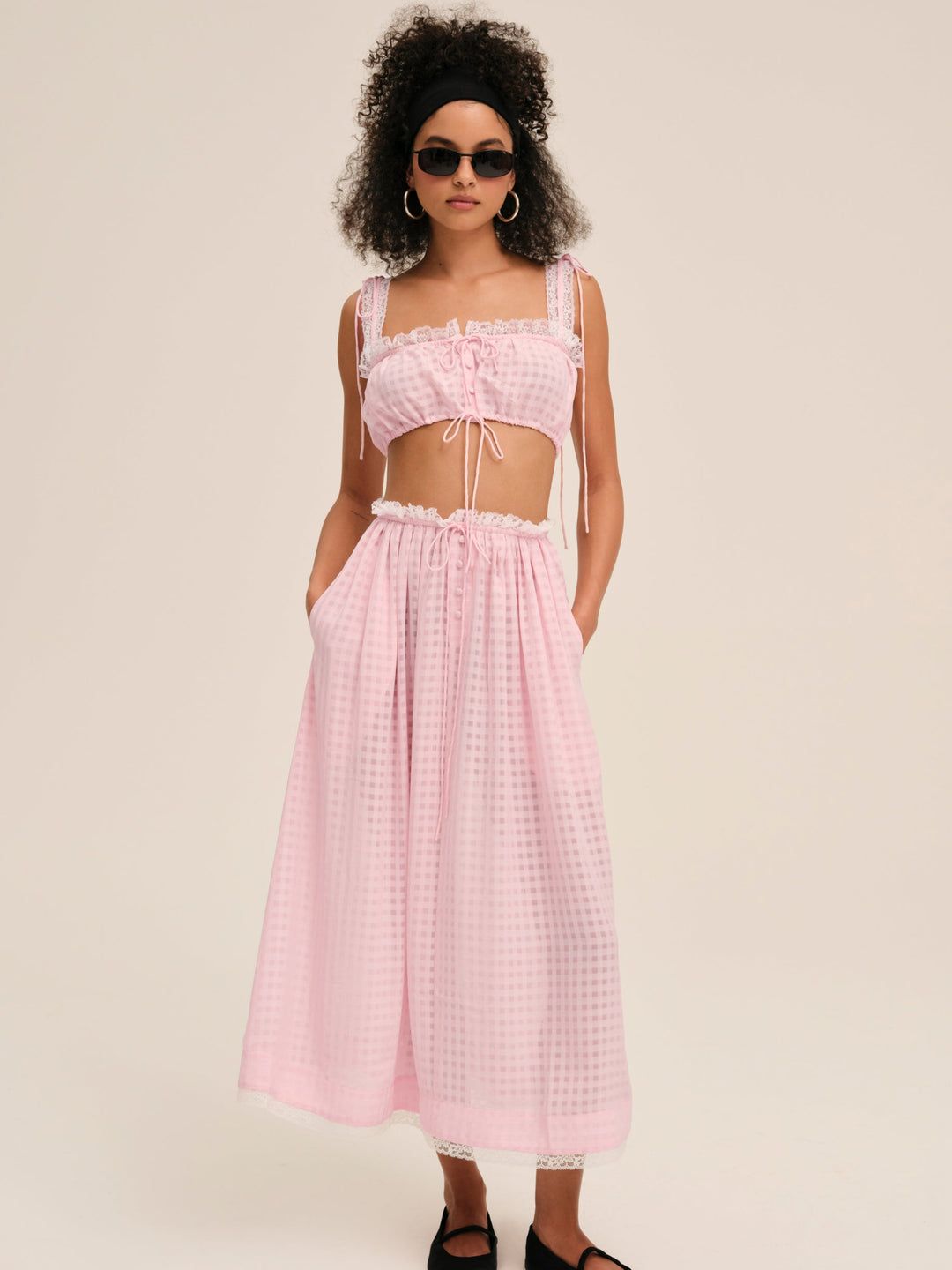 For Love and Lemons - Ginny Gingham Midi Skirt - Pink