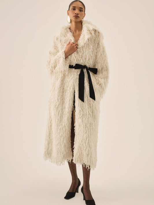For Love and Lemons - Ruffle Faux Feather Coat - Cream