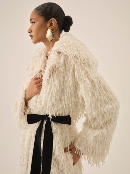For Love and Lemons - Ruffle Faux Feather Coat - Cream