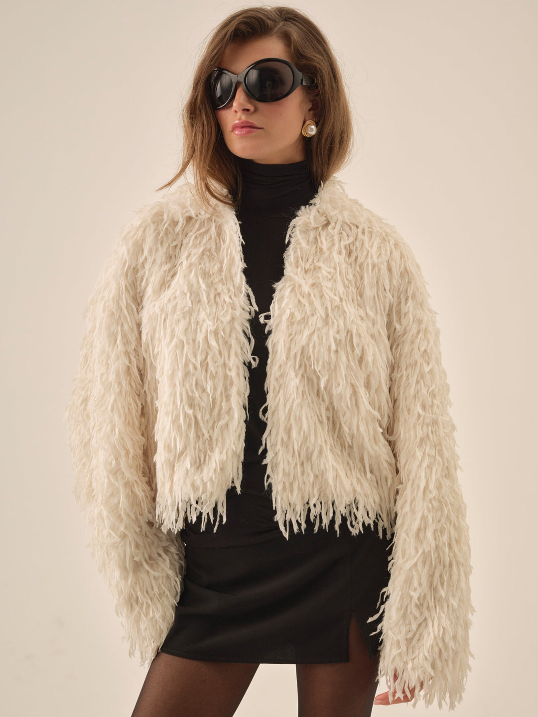 For Love and Lemons - Ruffle Faux Feather Jacket - Cream