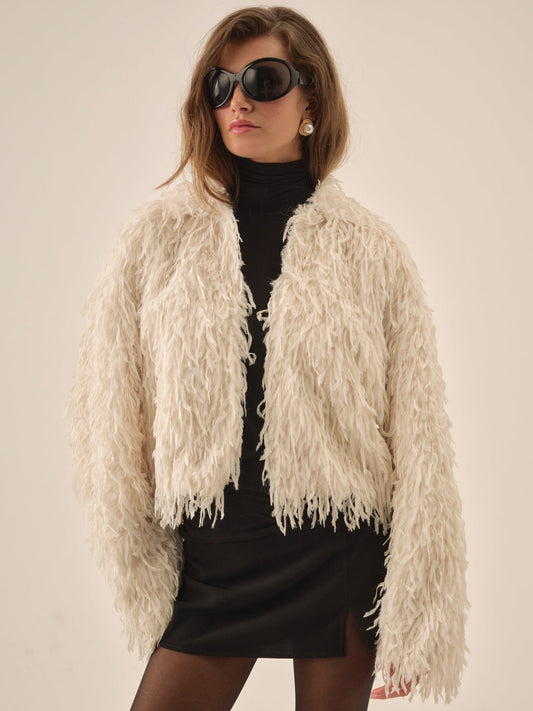 For Love and Lemons - Ruffle Faux Feather Jacket - Cream