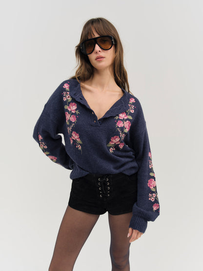 For Love and Lemons - Molly Embroidered Pullover Sweater - Navy
