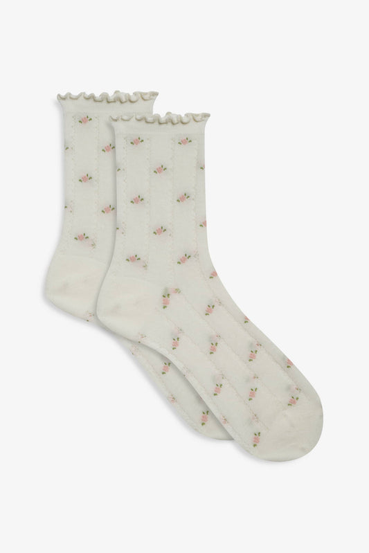 For Love and Lemons - Pointelle Floral Crew Socks - Cream
