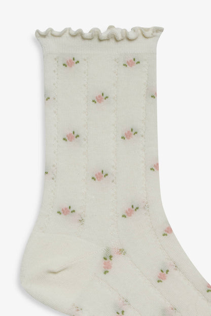 For Love and Lemons - Pointelle Floral Crew Socks - Cream