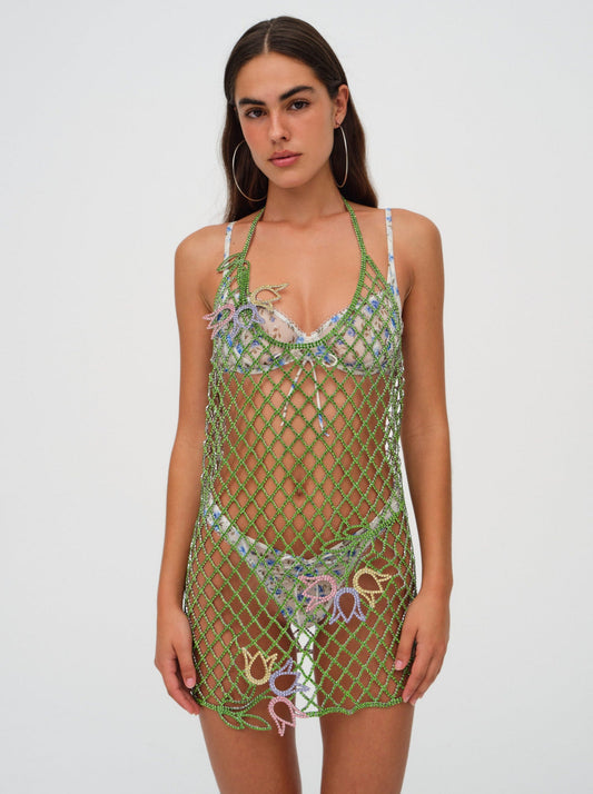 For Love and Lemons - Tulip Grid Rhinestone Dress - Green