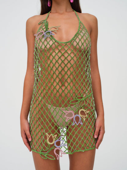For Love and Lemons - Tulip Grid Rhinestone Dress - Green