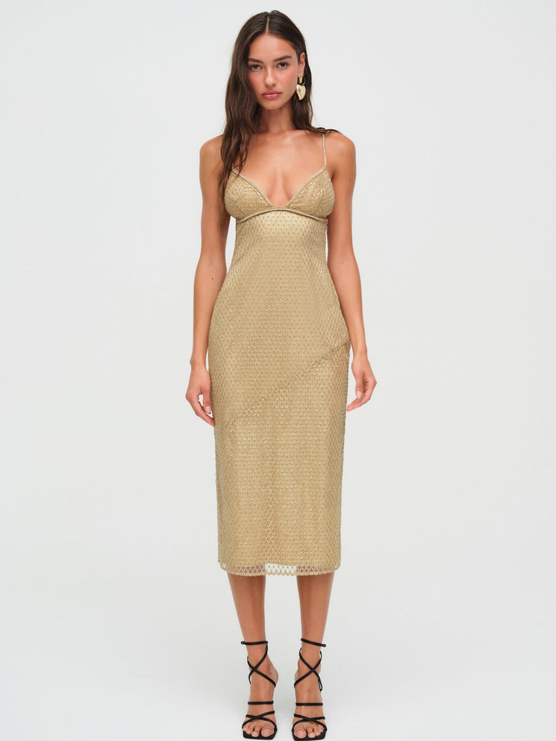 For Love and Lemons - Glitter Grid Midi Dress - Gold