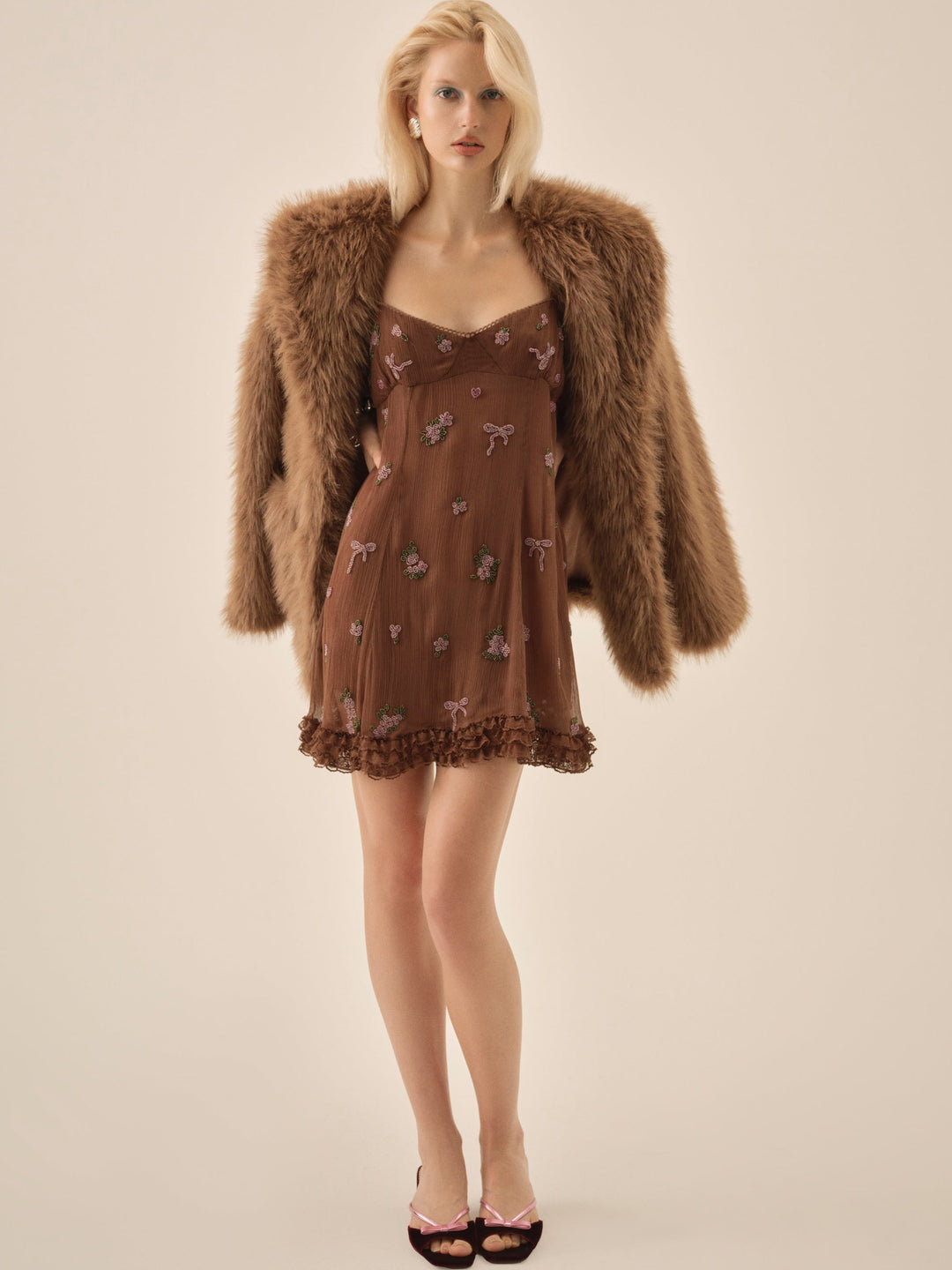 For Love and Lemons - Beaded Garden Bow Mini Dress - Brown