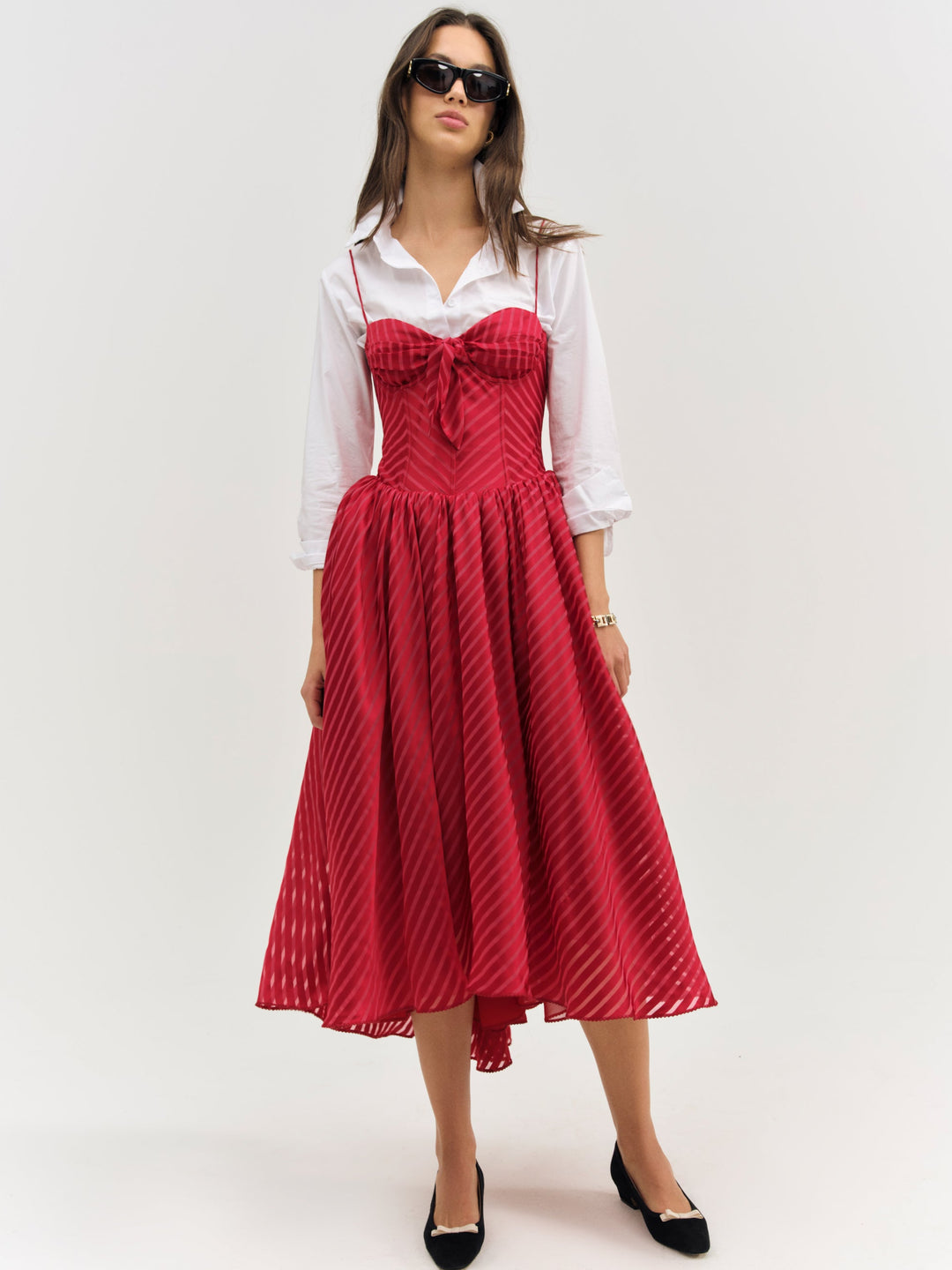 For Love and Lemons - Satin Burnout Stripe Midi Dress - Red