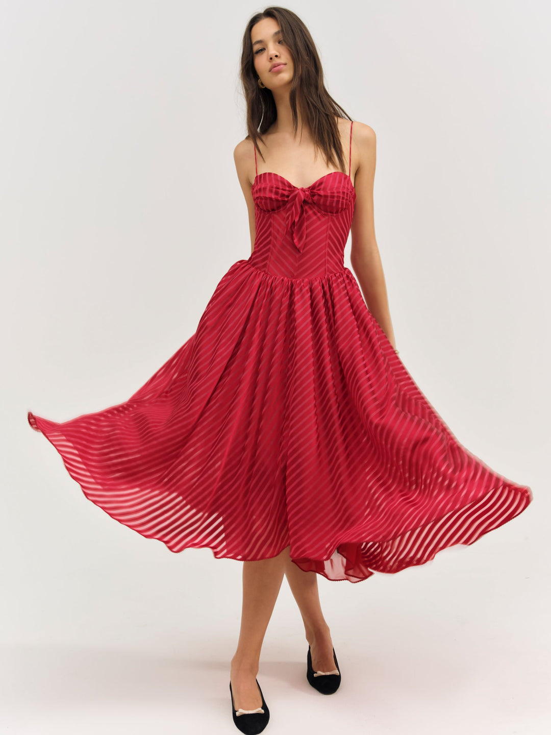For Love and Lemons - Satin Burnout Stripe Midi Dress - Red
