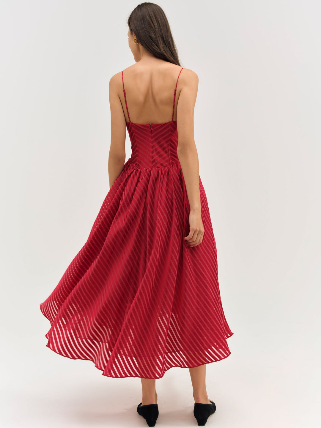 For Love and Lemons - Satin Burnout Stripe Midi Dress - Red