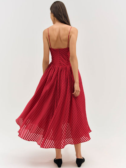 For Love and Lemons - Satin Burnout Stripe Midi Dress - Red