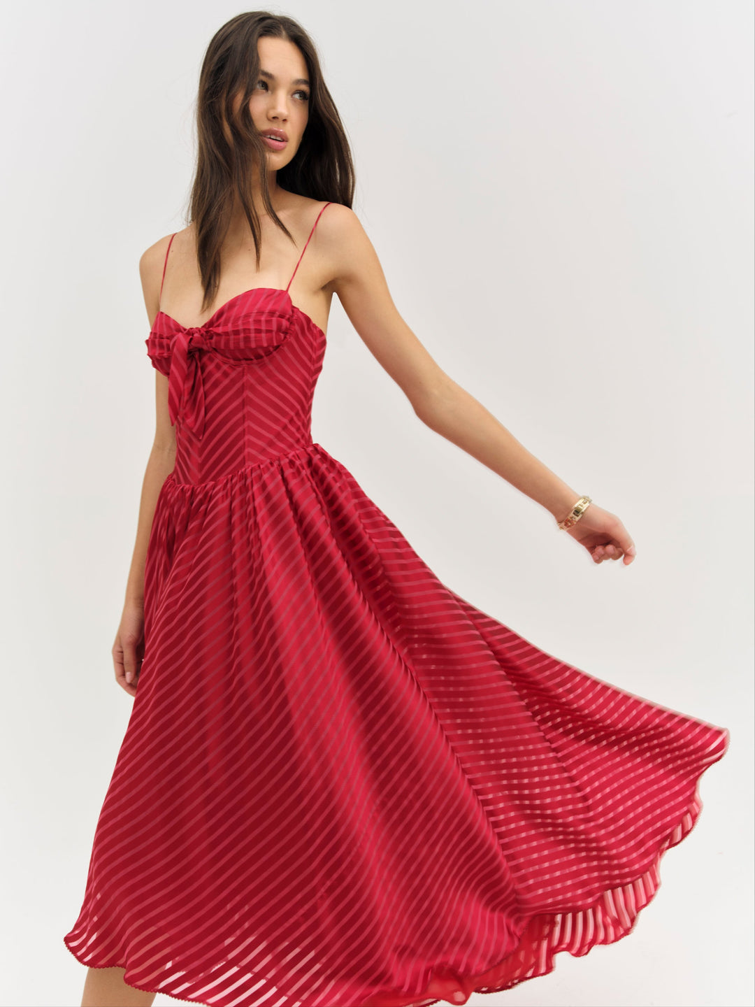 For Love and Lemons - Satin Burnout Stripe Midi Dress - Red