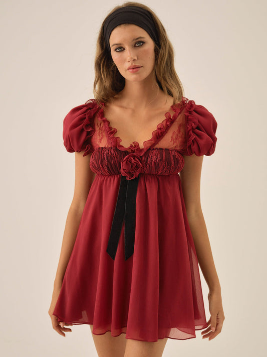 For Love and Lemons - Claudine Chiffon Mini Dress - Oxblood