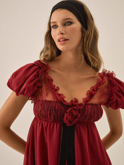 For Love and Lemons - Claudine Chiffon Mini Dress - Oxblood