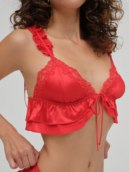 For Love and Lemons - Butterfly Lace Ruffle Bralette - Red
