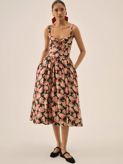 For Love and Lemons Belmond Floral Midi Dress - Black