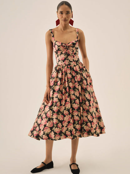 For Love and Lemons Belmond Floral Midi Dress - Black