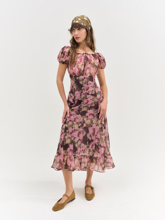 For Love and Lemons - Adeline Floral Midi Dress - Brown