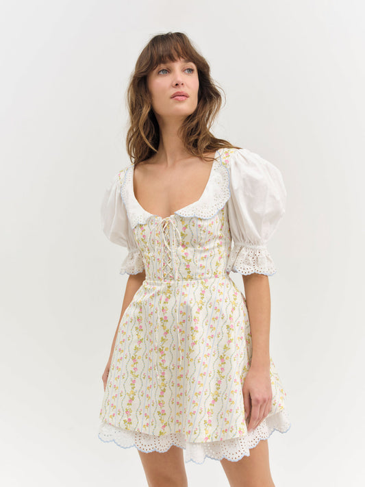 For Love and Lemons - Brigitta Floral Short Sleeve Mini Dress - Ivory