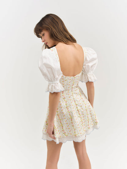 For Love and Lemons - Brigitta Floral Short Sleeve Mini Dress - Ivory