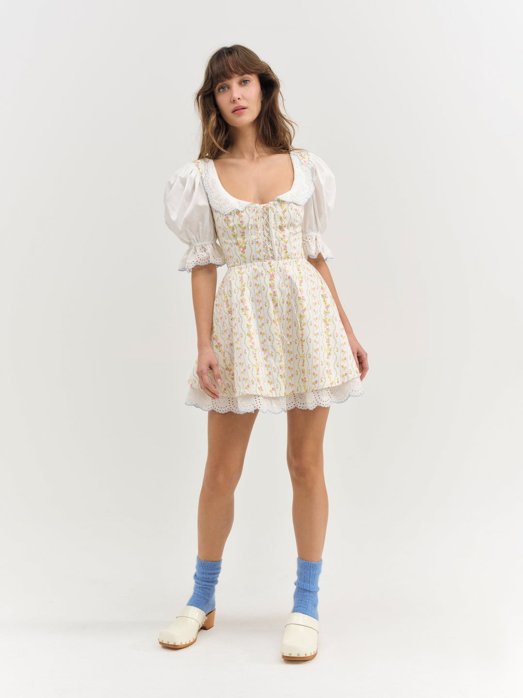 For Love and Lemons - Brigitta Floral Short Sleeve Mini Dress - Ivory