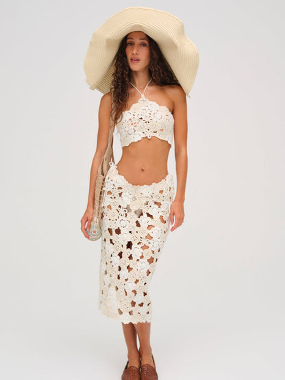 For Love and Lemons - Floral Crochet Coverup Midi Skirt - White