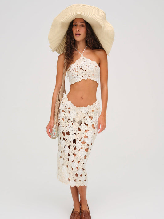 For Love and Lemons - Floral Crochet Coverup Midi Skirt - White