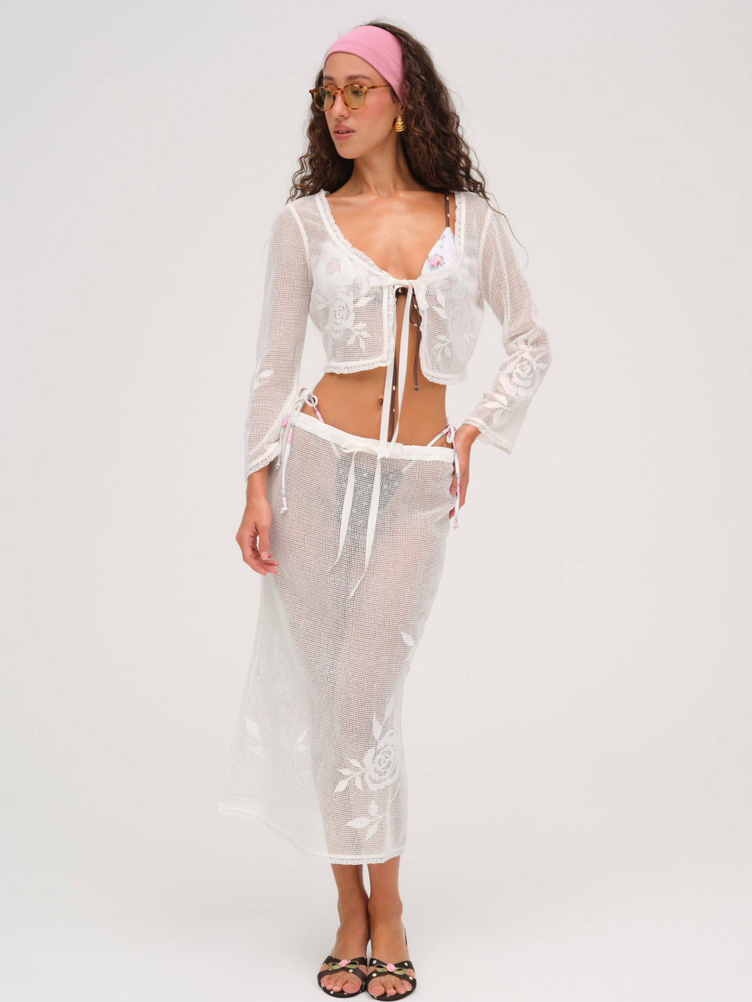 For Love and Lemons - Rose Crochet Midi Skirt - White