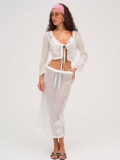 For Love and Lemons - Rose Crochet Midi Skirt - White
