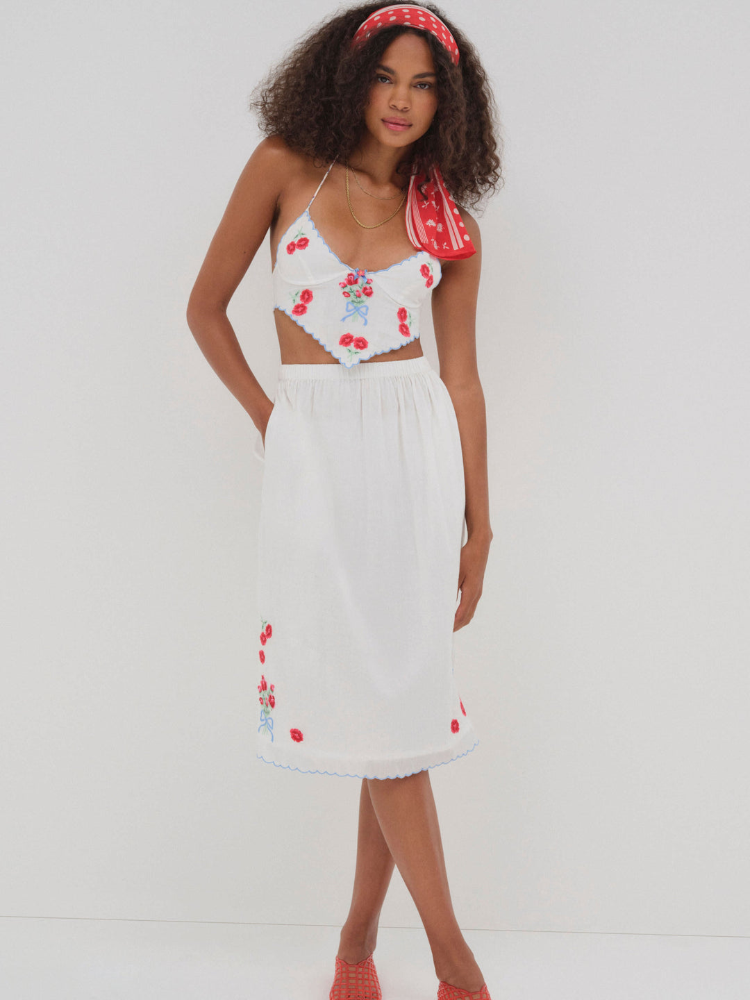 For Love and Lemons - Forget Me Not Embroidery Midi Skirt - White