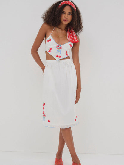 For Love and Lemons - Forget Me Not Embroidery Midi Skirt - White