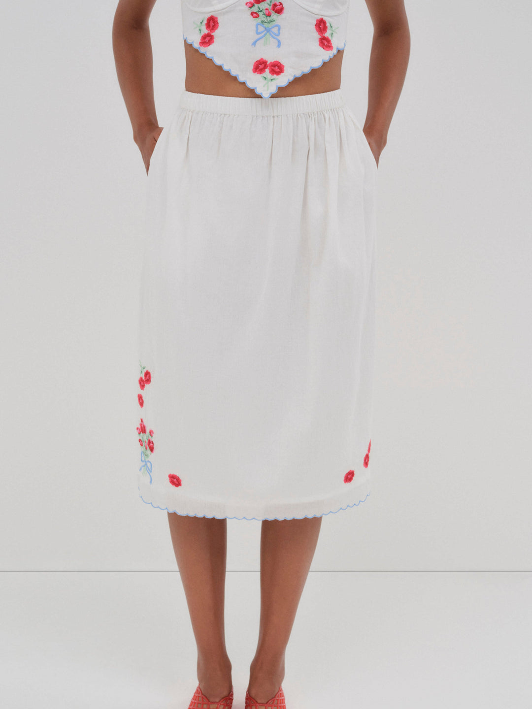 For Love and Lemons - Forget Me Not Embroidery Midi Skirt - White