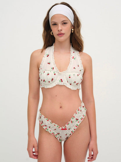 For Love and Lemons - Beaded Cherries Underwire Bra - Red