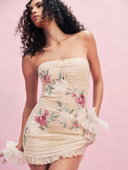 For Love and Lemons - Climbing Rose Embroidered Mini Dress - Vintage Cream