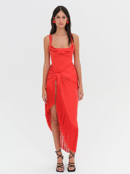 For Love and Lemons - Anisa Fringe Midi Dress - Red