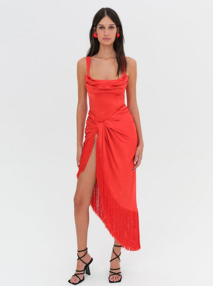 For Love and Lemons - Anisa Fringe Midi Dress - Red