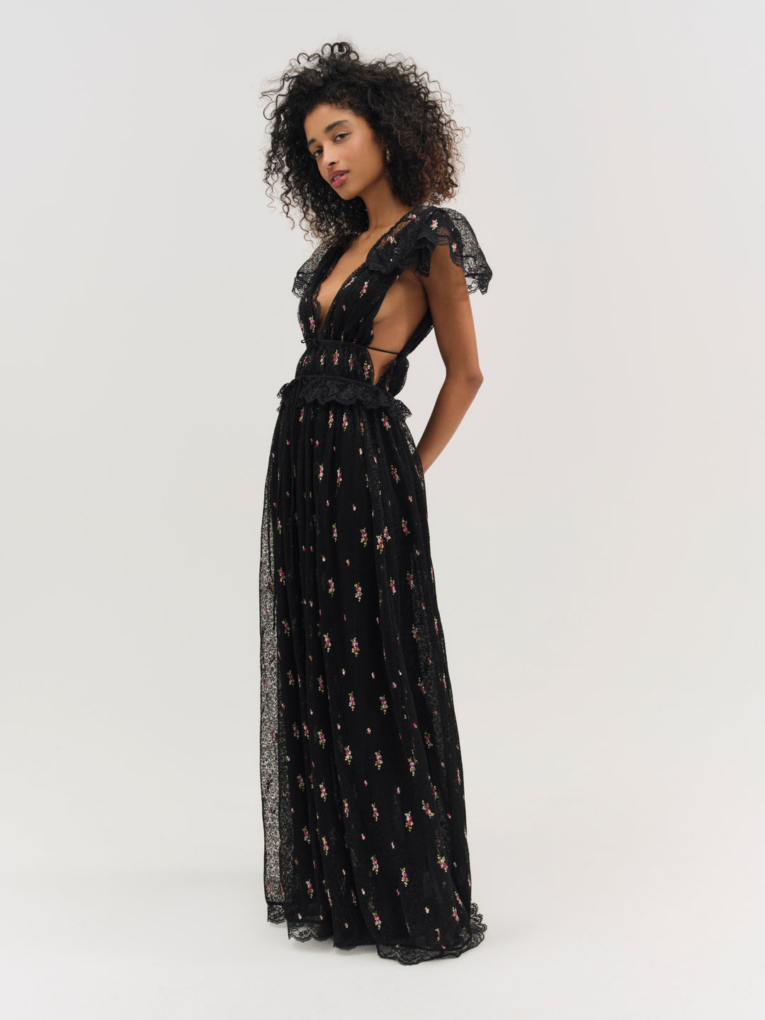 For Love and Lemons - Poppy Pleated Lace Maxi Dress - Black