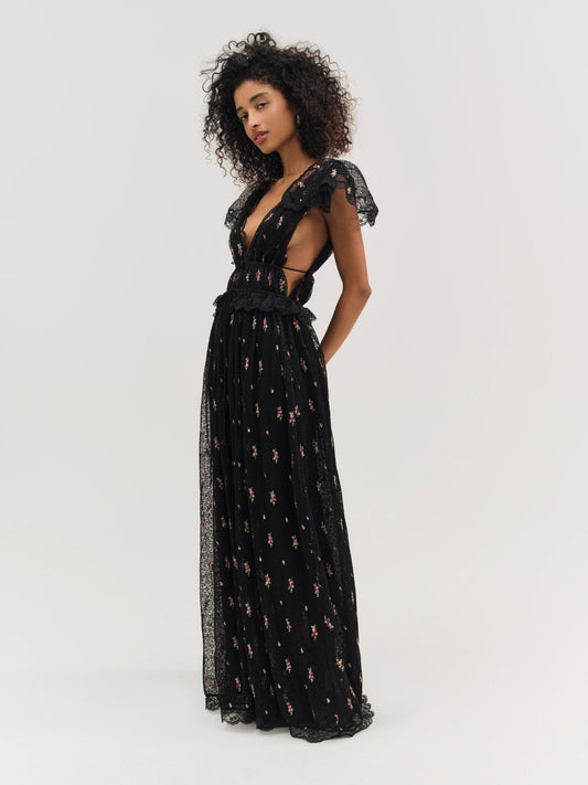 For Love and Lemons - Poppy Pleated Lace Maxi Dress - Black