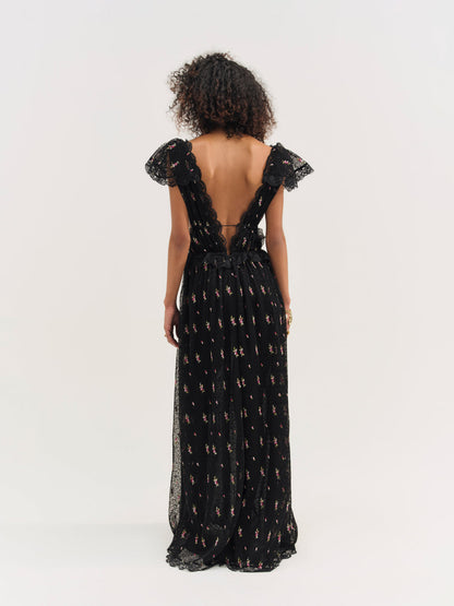 For Love and Lemons - Poppy Pleated Lace Maxi Dress - Black