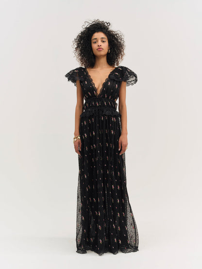 For Love and Lemons - Poppy Pleated Lace Maxi Dress - Black