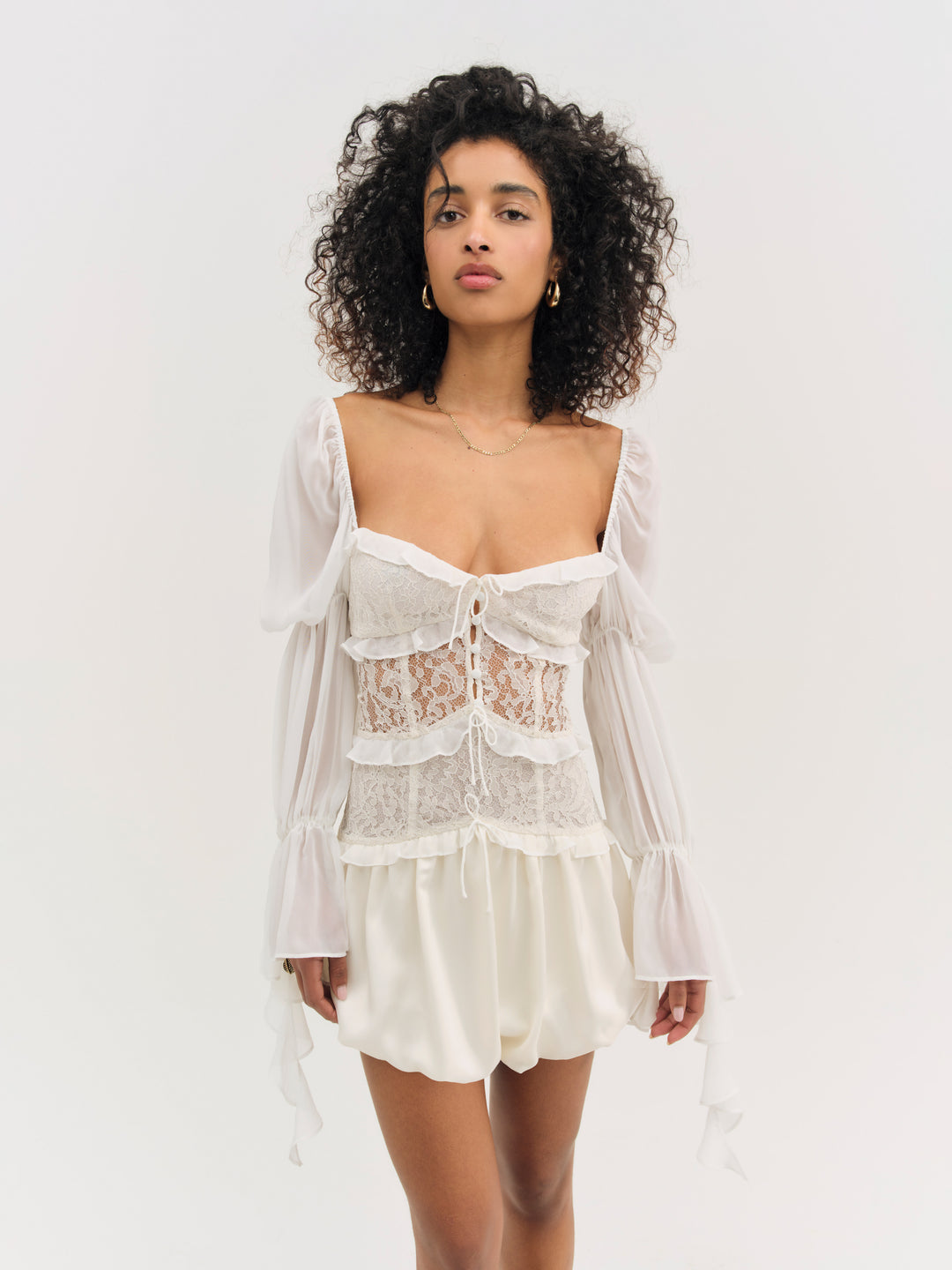 For Love and Lemons - Lea Lace Long Sleeve Mini Dress - Cream