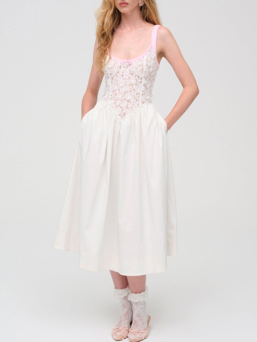 For Love and Lemons - Stacked Blossom Lace Midi Dress - White