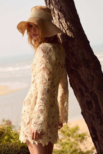For Love and Lemons - Coco Lace Long Sleeve Mini Dress - Cream