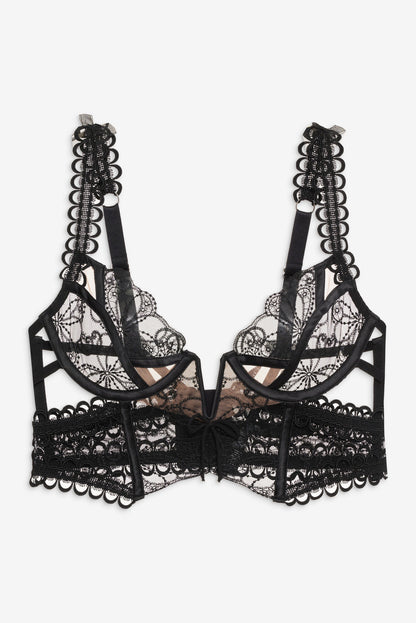 For Love and Lemons - Swirly Floral Embroidered Bustier - Noir