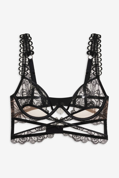 For Love and Lemons - Swirly Floral Embroidered Bra - Noir