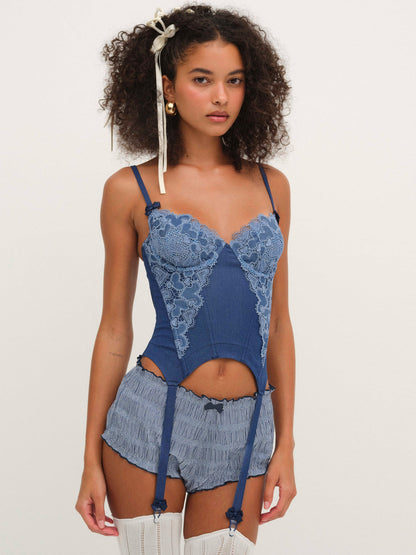For Love and Lemons - Denim Hearts Bustier - Blue