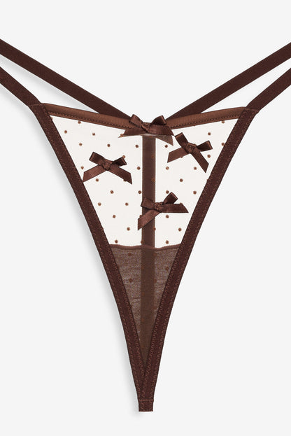 For Love and Lemons - Flock Dot Bows G-String Panty - Brown
