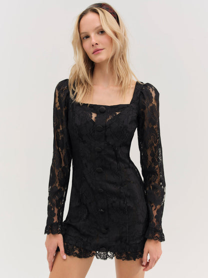 For Love and Lemons - Claudia Rose Lace Long Sleeve Mini Dress - Black